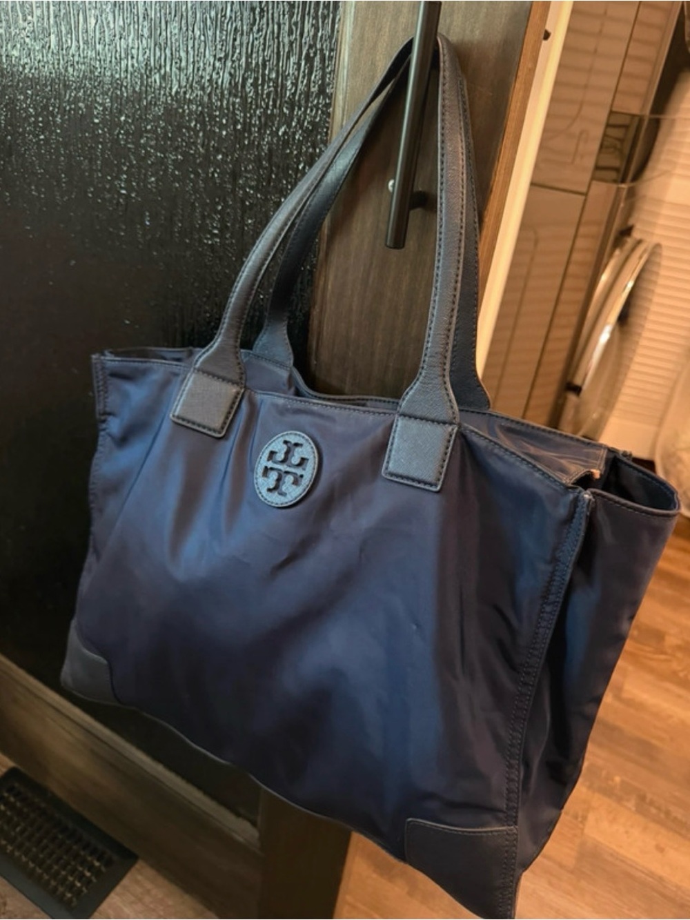 Tory Burch Navy Nylon Logo Tote with Leather Trim